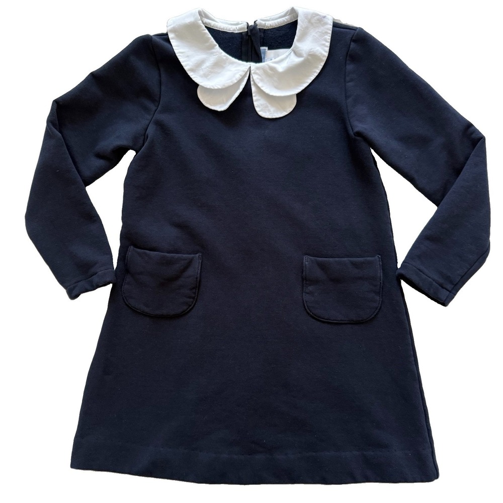 Jacadi Paris Girls Dress 6A Poplin Peter Pan Collar Pockets Designer France Blue